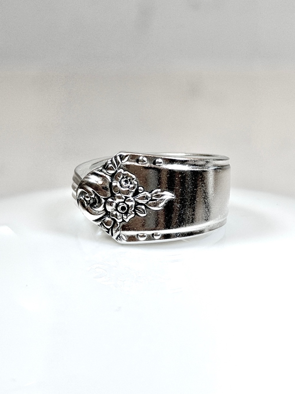 Vintage Silver Plated Spoon Ring with Sweet Briar Floral pattern size 8